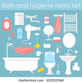 Vector illustration set of bathroom elements. Hygiene and toilet icons in flat cartoon style.