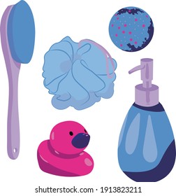 Vector illustration of a set of bathroom tools. The set includes a cleaning bow, brush, duck, gel and bath bomb. All items are blue-pink on a white background. Bathroom stickers. 