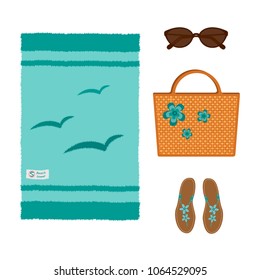 Vector illustration of set of beach blue towel, wicker bag, sandals and sunglasses, isolated on white background