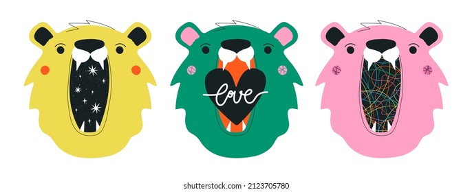 Vector illustration set with bear heads, stars, calligraphy word love and doodle elements. Trendy apparel print design, sticker template, typography poster with animal