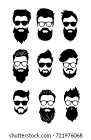Vector illustration of set of vector bearded men faces, hipsters with different haircuts, mustaches, beards. Silhouettes men haircuts flat style.