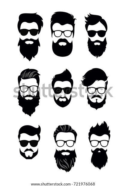 Vector illustration of set of vector bearded\
men faces, hipsters with different haircuts, mustaches, beards.\
Silhouettes men haircuts flat\
style.