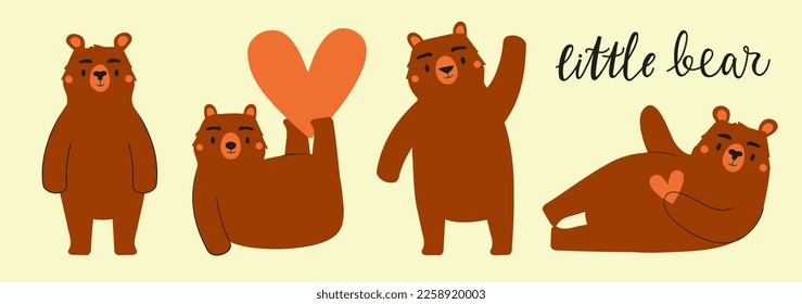 Ilustración vectorial con osos, corazones y letras. Pequeño oso oso. Colección de huellas de tipografía de colores con animales del bosque, diseño de impresión de prendas infantiles