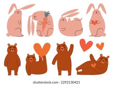 Vector illustration set with bears, rabbits and hearts. Cute forest animal collection, sticker pack, greeting card template