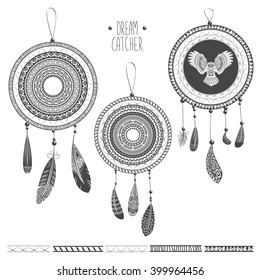 Vector illustration of a set of beautiful boho dream catchers in monochrome colors