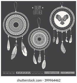 Vector illustration of a set of beautiful boho dream catchers in monochrome colors