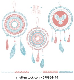 Vector illustration of a set of beautiful boho dream catchers in trendy pink and light blue colors for your art and design