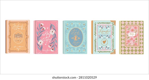 Vector illustration of a set of beautiful book covers. Flat-style clipart featuring a collection of romance-themed books on a white background. Fiction and educational literature. Library. Reading for