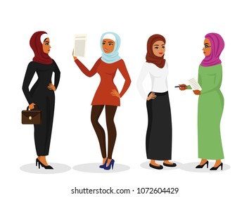 Vector illustration set of beautiful business arab woman in traditional muslim clothes talking and smiling together, character with hijab in flat cartoon style.