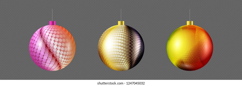Vector illustration set of beautiful Christmas balls. Isolated Christmas tree toy for invitations, congratulations, posters, advertisements. Multicolored decorative toy on a transparent background.