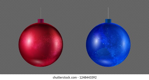 Vector illustration set of beautiful Christmas balls. Isolated Christmas tree toy for invitations, congratulations, covers. Blue, red decorative toy on a transparent background.