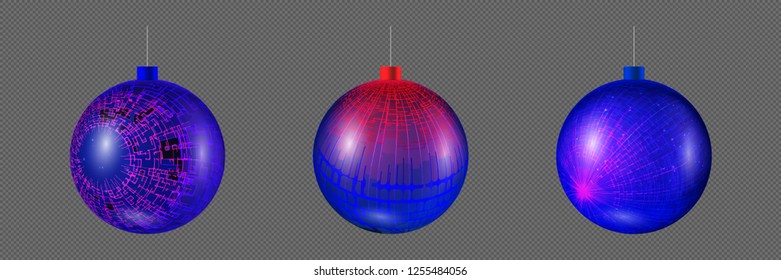 Vector illustration set of beautiful Christmas balls. Isolated Christmas tree toy for invitations, congratulations, posters, advertisements. Multicolored decorative toy on a transparent background.