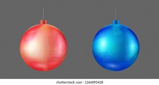 Vector illustration set of beautiful Christmas balls. Isolated Christmas tree toy for invitations, congratulations, covers. Blue, red decorative toy on a transparent background.