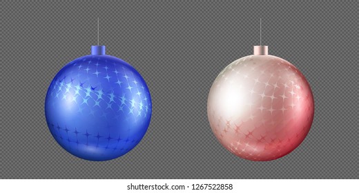 Vector illustration set of beautiful Christmas balls. Isolated Christmas tree toy for invitations, congratulations, covers. Blue, rose decorative toy on a transparent background.