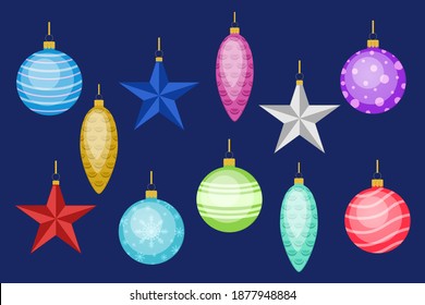 Vector illustration set of beautiful Christmas tree decorations. Holiday, Christmas.