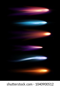 Vector illustration set of beautiful different shapes meteors, comets and fireballs with lighting effect in black galaxy space.