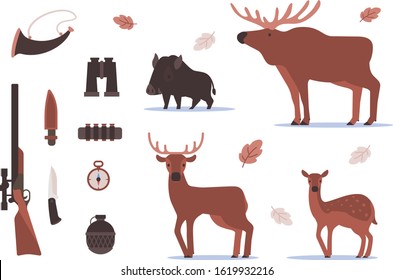 Vector illustration of set of beautiful forest wild animal with horn and different hunting equipment on white background. Flat style design of brown male and female deer and elk with shotgun
