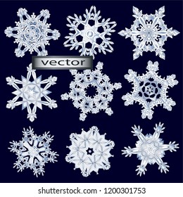 Vector illustration set beautiful ornate 3D patterned carved Christmas snowflakes winter snow decor for decoration
