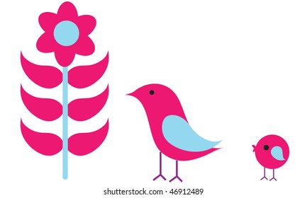 a vector illustration set of beautiful sparrow including leaf and flowers.