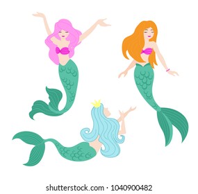 Vector illustration set of beautiful swimming mermaids with pink, blue and orange hair in different poses in flat cartoon style.
