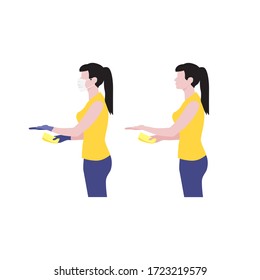 Vector illustration set of beautiful white women with and without medical protective mask and gloves  hold out hand with money and receive the delivery package. Quarantine delivery servise. 
