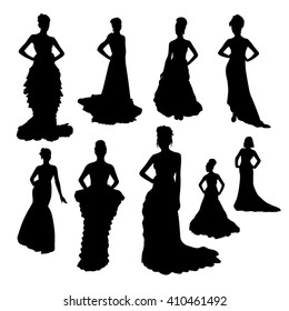 Vector Illustration Set Of  Beautiful Women In Dress Silhouette