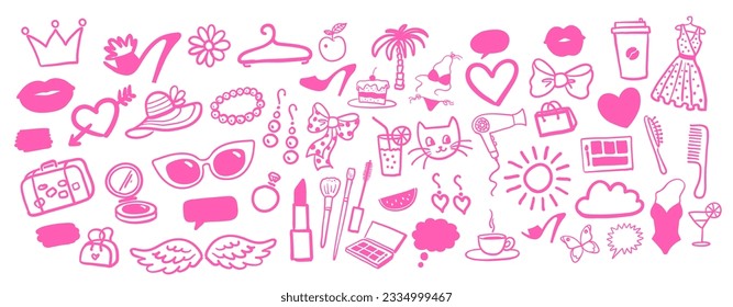 Vector illustration set of beauty and fashion isolated pink doodles