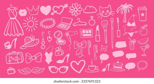 Vector illustration set of beauty and fashion isolated doodles on pink background