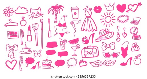 Vector illustration set of beauty and fashion isolated pink doodles