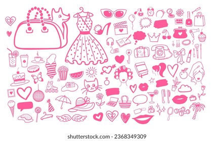 Vector illustration set of beauty and fashion isolated pink doodles and sketches