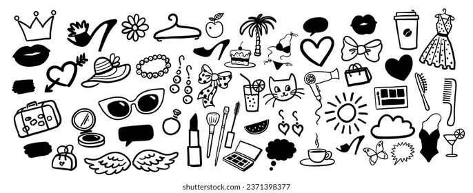 Vector illustration set of beauty and fashion isolated doodles