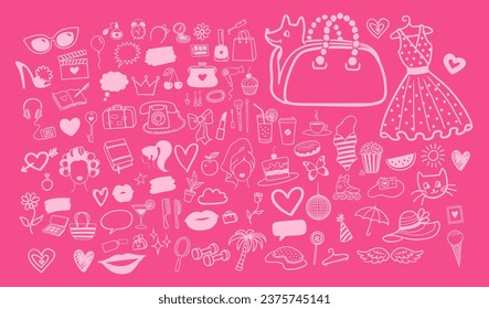 Vector illustration set of beauty and fashion isolated doodles and sketches on pink background