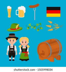 Vector illustration set "Oktoberfest” with beer barrel,  Tyrolean hat, sausages, pretzels, mugs of beer, glass, hop. 
