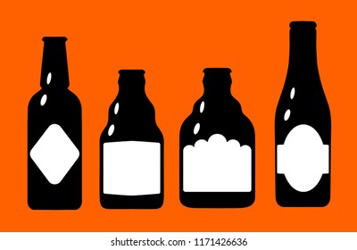 Vector illustration set of beer bottles' silhouette in black color with white labels on orange background