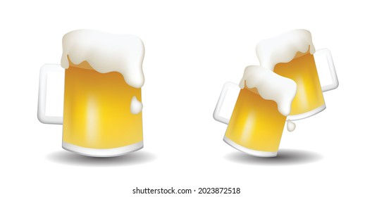 Vector illustration set of beer. Glass of beer and two glasses with fresh yellow live beer vector emoji illustration isolated on a white background. 