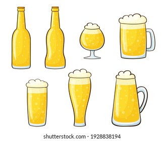 Vector illustration set of beer. Glasses and bottles with a drink in a cartoon style isolated on a white background. Foam mugs. Bar elements
