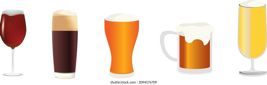 Vector illustration set of beer. Glasses and bottles with a drink in a cartoon style isolated on a white background.  Bar elements