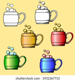 Vector illustration, Set of beer mugs in black and white and color with texture and without texture