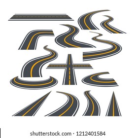 Vector illustration set of bending roads and highways isolated on white background.