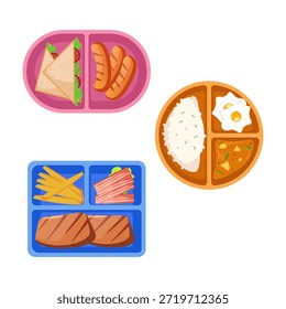 Conjunto de Ilustración vectorial de cajas de bento y bandejas de comida de compartimento con varios platos de comida