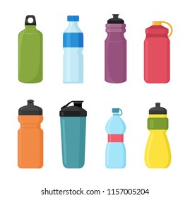 Vector illustration set of bicycle plastic bottle for water in different shaps and colors. Container water bottles for sport. Natural and healthy lifestyle concept, water bottled container liquid in