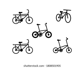 Vector illustration set of bicycles, bike cycling cyclist, transportation type, isolated on white background, five silhouette bikes, flat bicycle, eps 10.