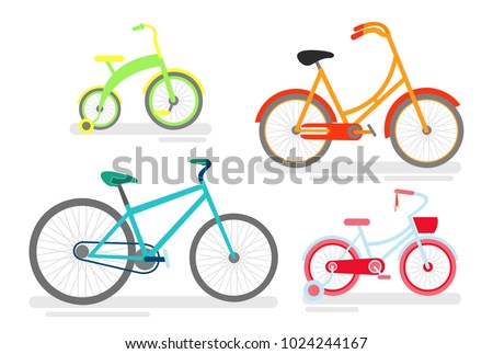 Vector illustration set of bicycles, bike cycling cyclist, transportation type, bicycles in bright green, pink and blue colors for kids and adults in cartoon style.