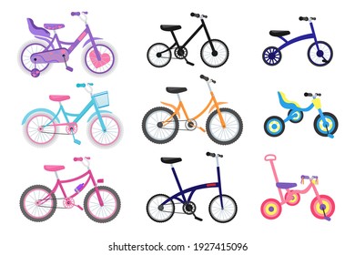 Vector illustration set of bicycles, bikes, wheels, transportation type. Cartoon style.