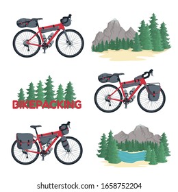 Ilustración vectorial de bicicletas para el turismo.Bolsas de embalaje.Bicicletas Touring con una alforja, una bolsa de bastidor, una bolsa de manillar, una bolsa en el maletero delantero y trasero. Fondos con montañas y bosques