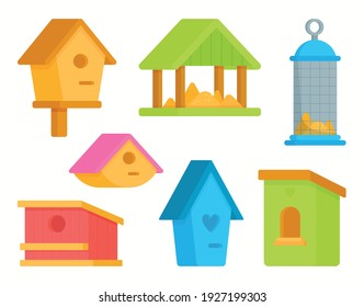 Vector illustration of a set of bird feeders. Helping birds in the cold. Feeding different kinds of birds.