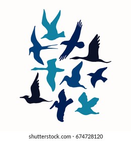 Vector illustration set of birds ink silhouette. Classic style hand-drawn nature art in blue palette with raven, seagull, heron, pelican and other. For prints, cards, textile and any your design.