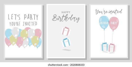 Vector illustration of set of birthday party invitation card cute colorful pastel balloons and gift boxes on white and grey background. minimal design concept.