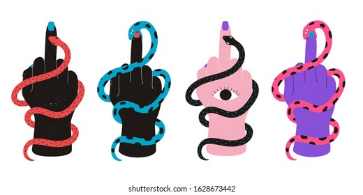 Vector illustration set with biting snakes and human hands. Sign fuck off with the middle finger. Grunge texture, isolated on white background