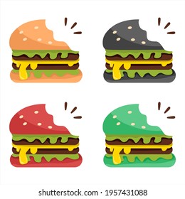 Vector illustration set of bitten hamburger filled with cooked meat and cheese, business and restaurant themes, suitable for advertising food products.